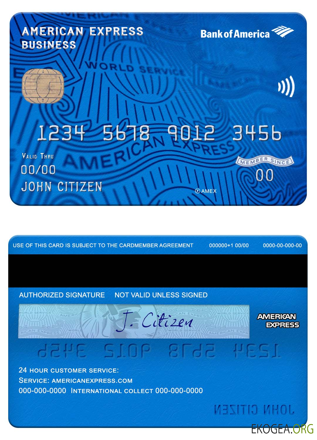 Carte de visite de la banque American Express de la Bank of America des États Unis